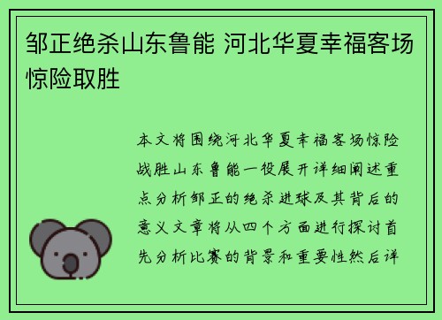 邹正绝杀山东鲁能 河北华夏幸福客场惊险取胜