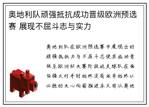 奥地利队顽强抵抗成功晋级欧洲预选赛 展现不屈斗志与实力